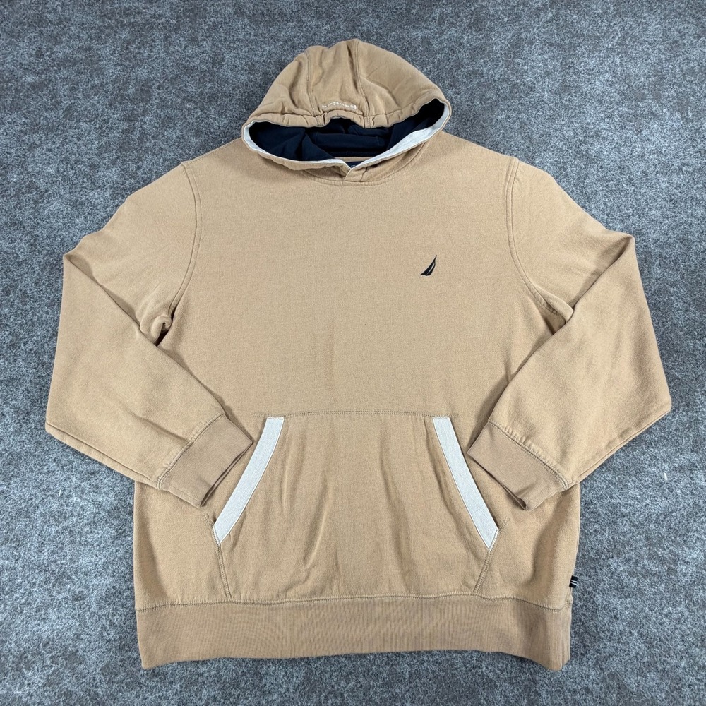 Nautica J Class Hoodie Mens XL Brown Cotton Fleece Lined Ribbed Kangaroo Pocket
